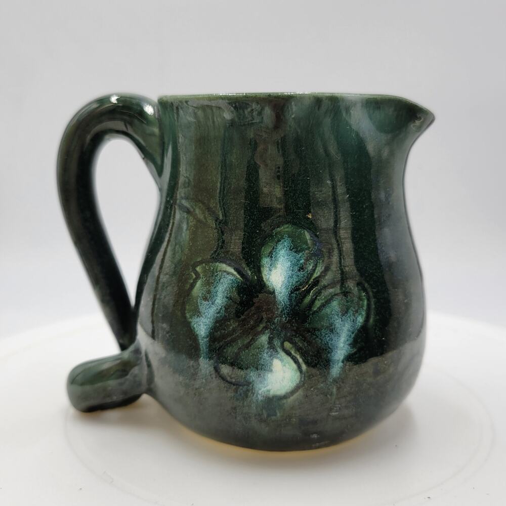 Vintage Handcrafted Ceramic Glazed Pitcher Jug 4" Dark Green Clover Leaf Pottery